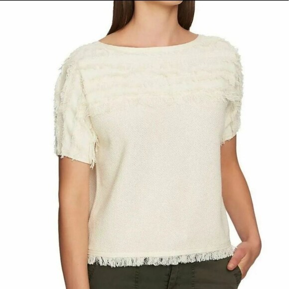 1.State Women's White Swan Raw Edge Combed Cotton Frill Short Sleeve Top sz M - Picture 2 of 10